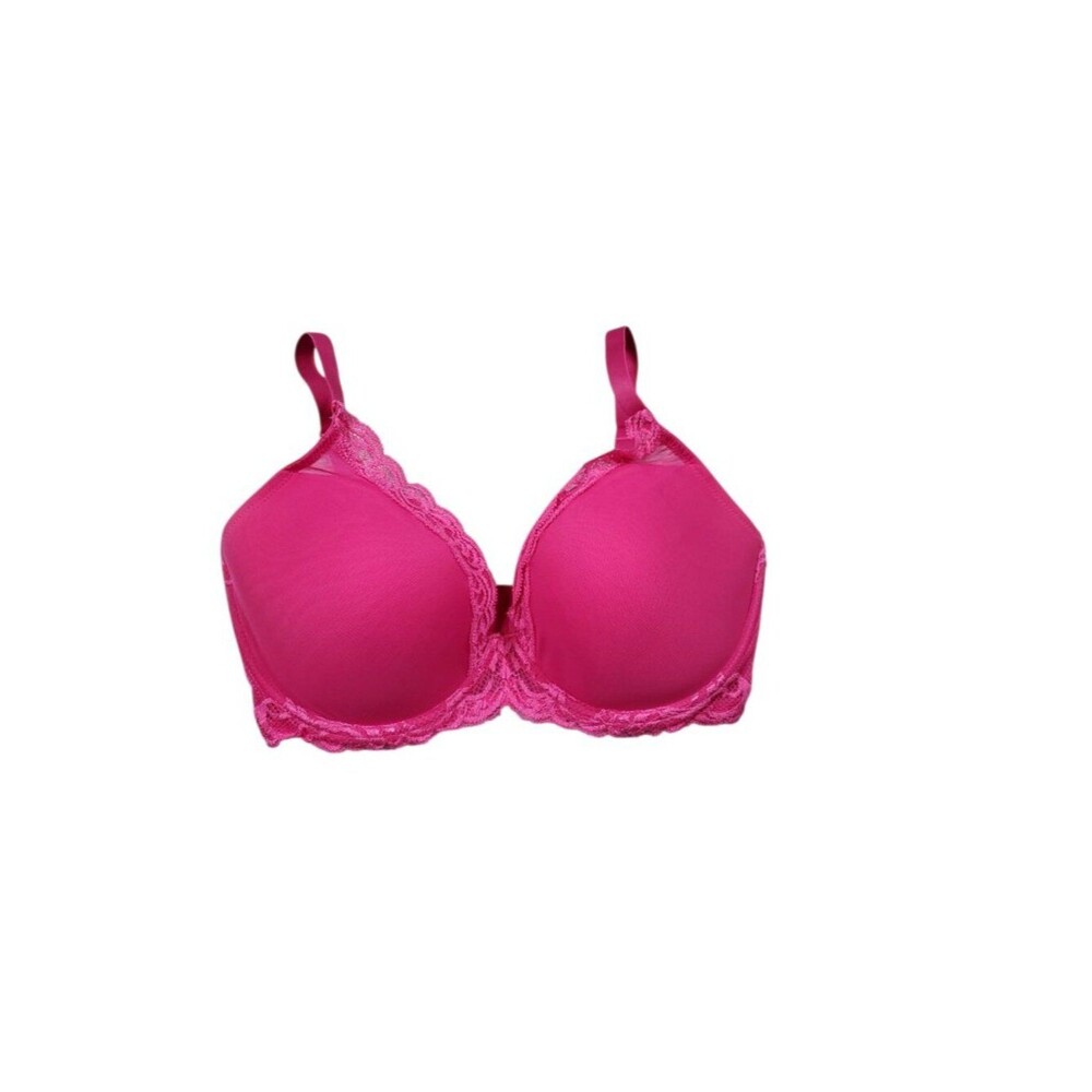 Natori Feathers Lace Trim Plunge Bra Underwire Lined Size 32G 730023 Pink